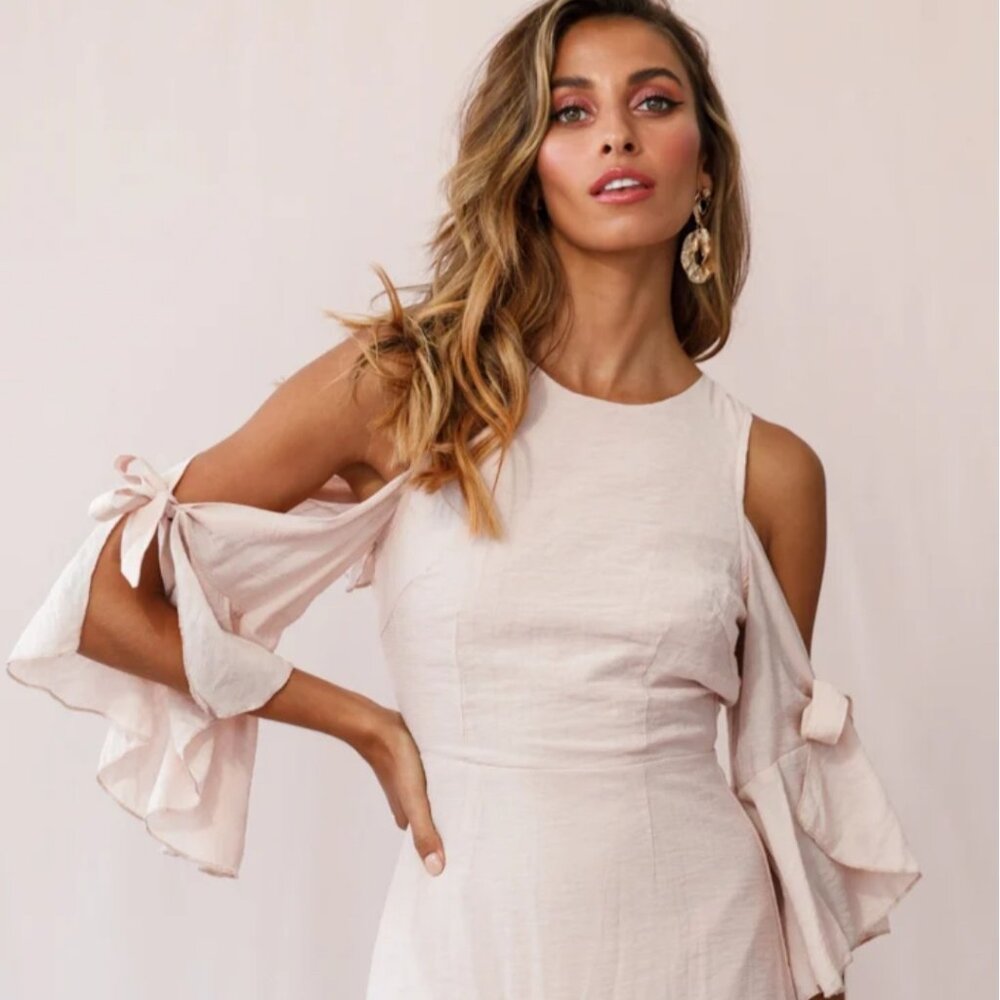 Flaxton Tied Sleeve Cold Shoulder Dress Nude Here Comes The Sun Dress